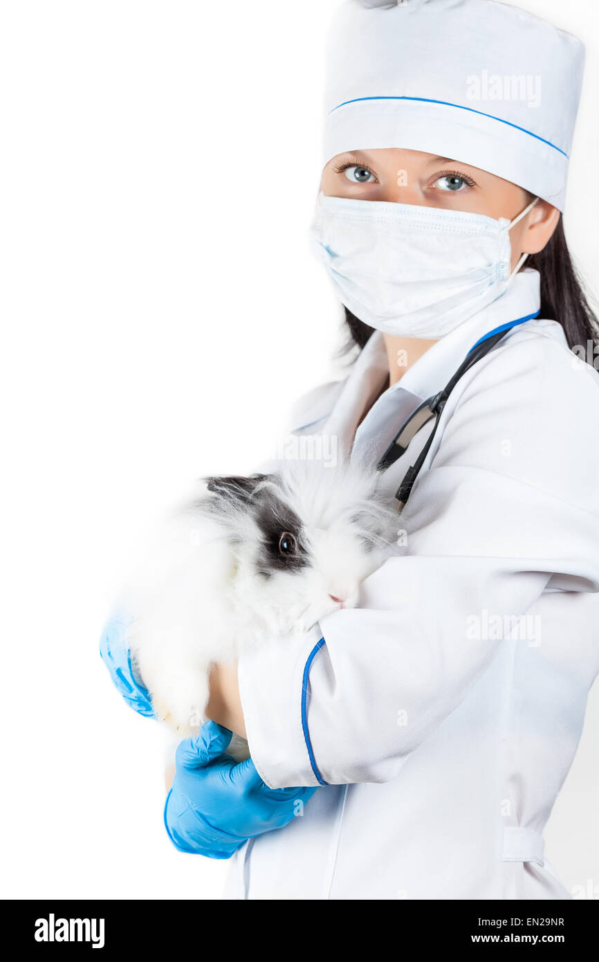 portrait of a doctor with a decorative rabbit on a white background Stock Photo