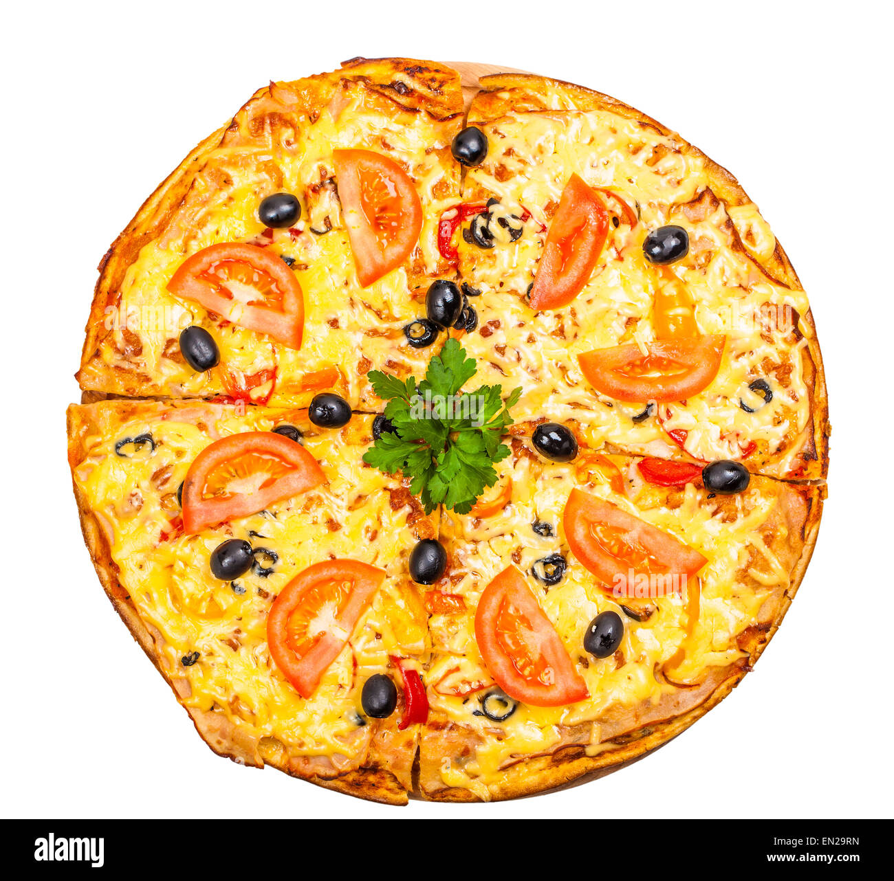 hot fresh a pizza with tomatoes isolated on white background Stock Photo