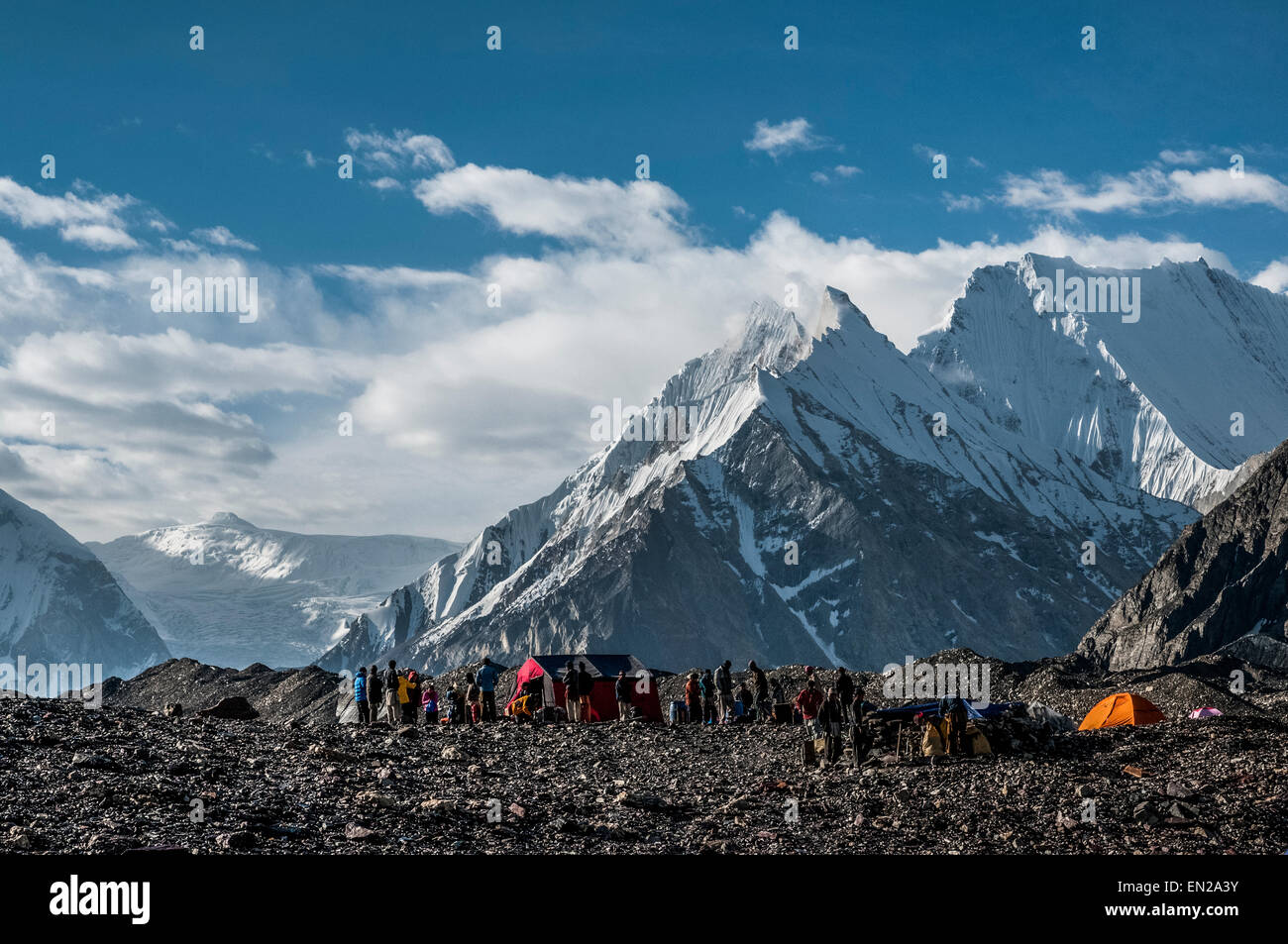 Trekking in the Karakoram Mountains Trekkers camp at Concordia Stock Photo