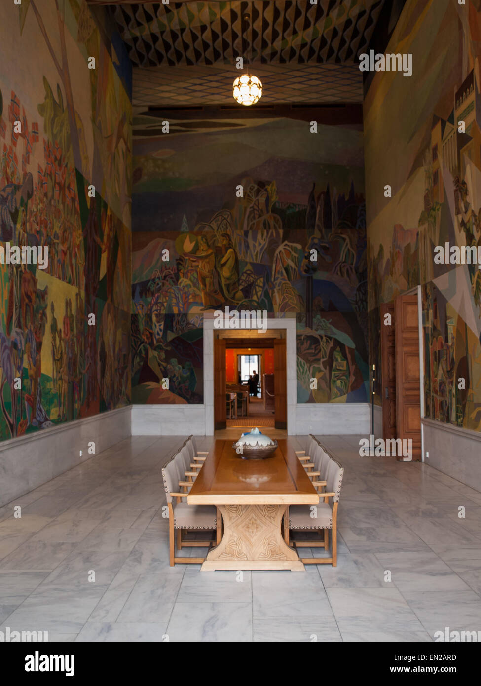 Oslo Radhus interior room with mural on the walls Stock Photo - Alamy