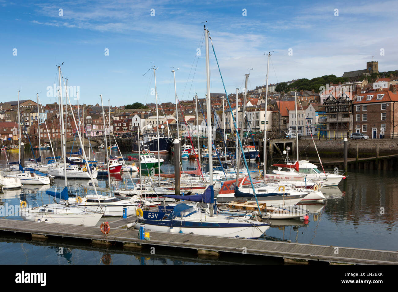 UK, England, Yorkshire, Scarborough, yachts moored at Old Harbour Albert Strange Pontoons from Vincent’s Pier Stock Photo
