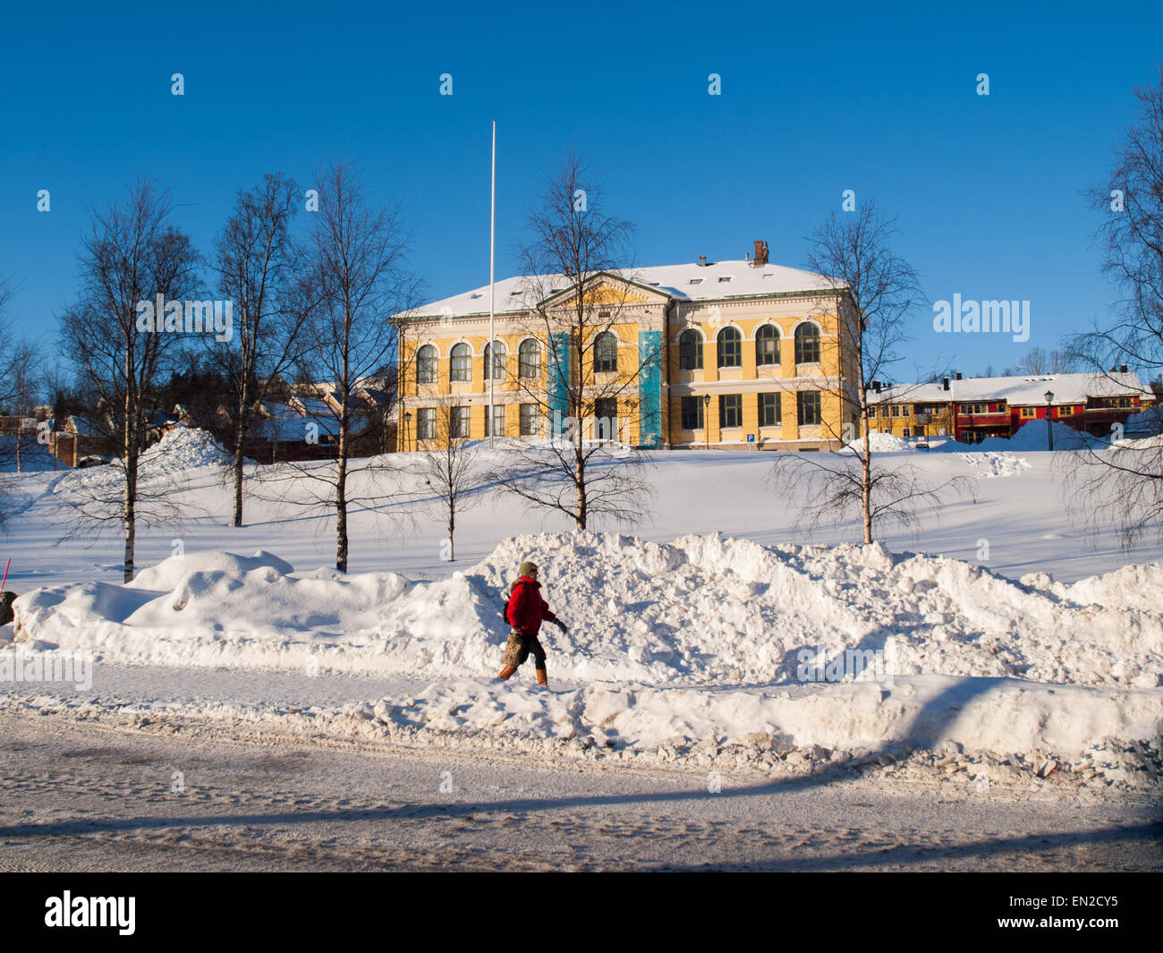 The front of Nordnorsk Kunstmuseum in Tromso covered with white snow. Stock Photo