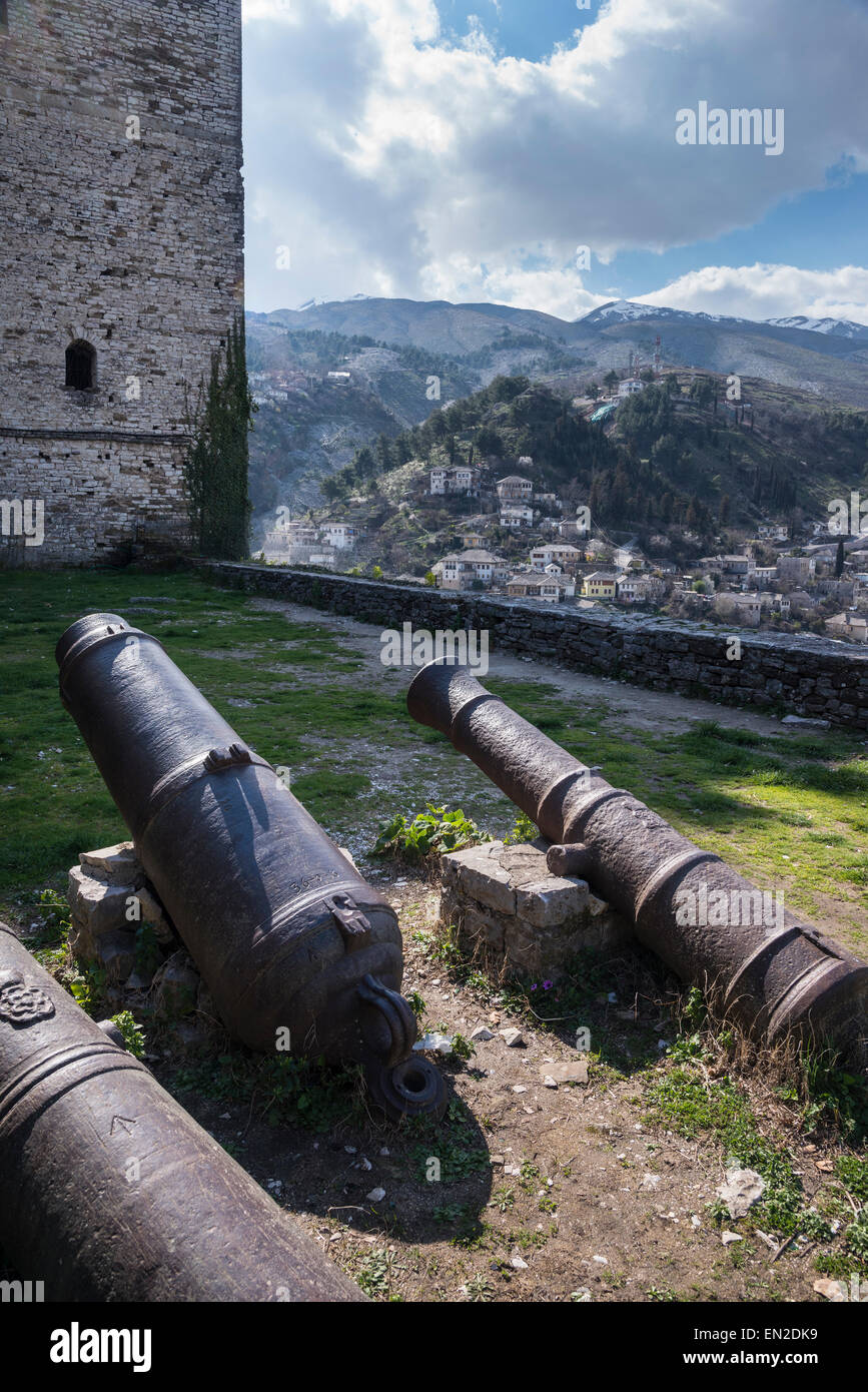 Old cannon barrels in the castle grounds at Gjirokastra in southern Albania. Stock Photo