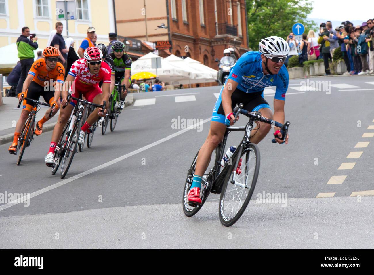 Zagreb, Croatia - April 26, 2015: The final stage of cycling race Tour of Croatia in downtown Zagreb. Stock Photo
