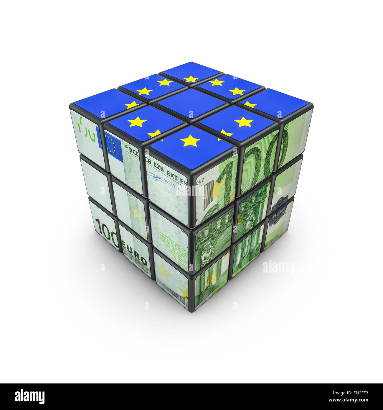 3D render of puzzle cube with hundred euro note and EU flag Stock Photo