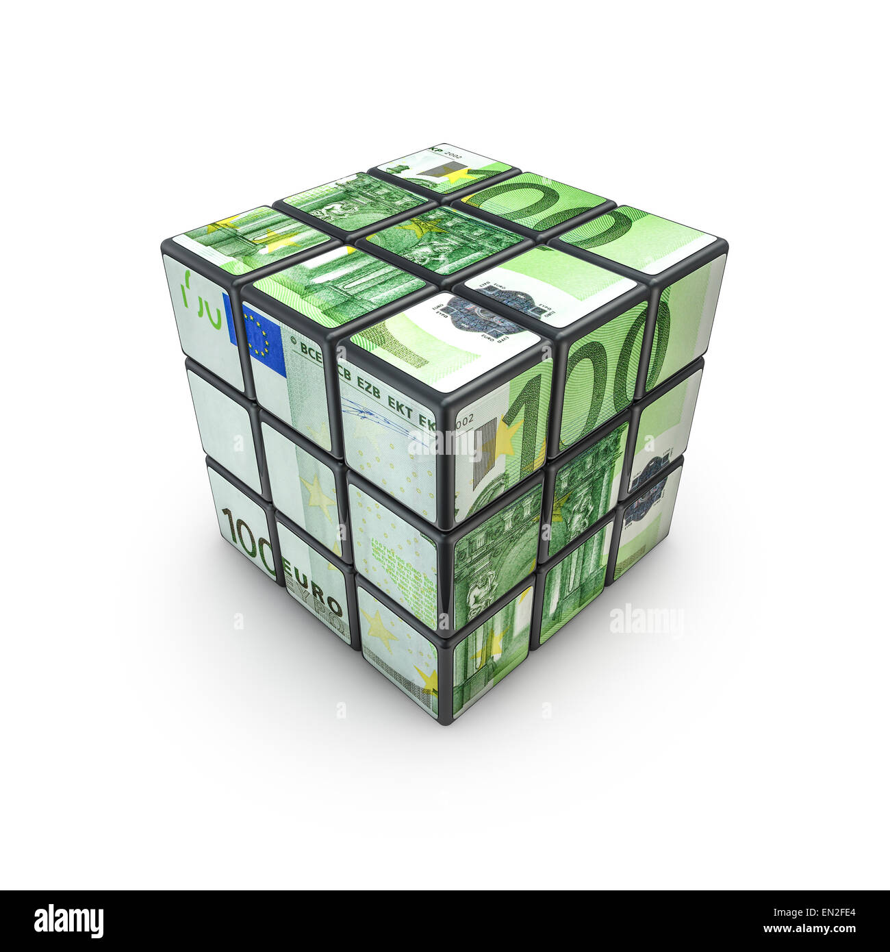 3D render of puzzle cube with hundred euro note Stock Photo