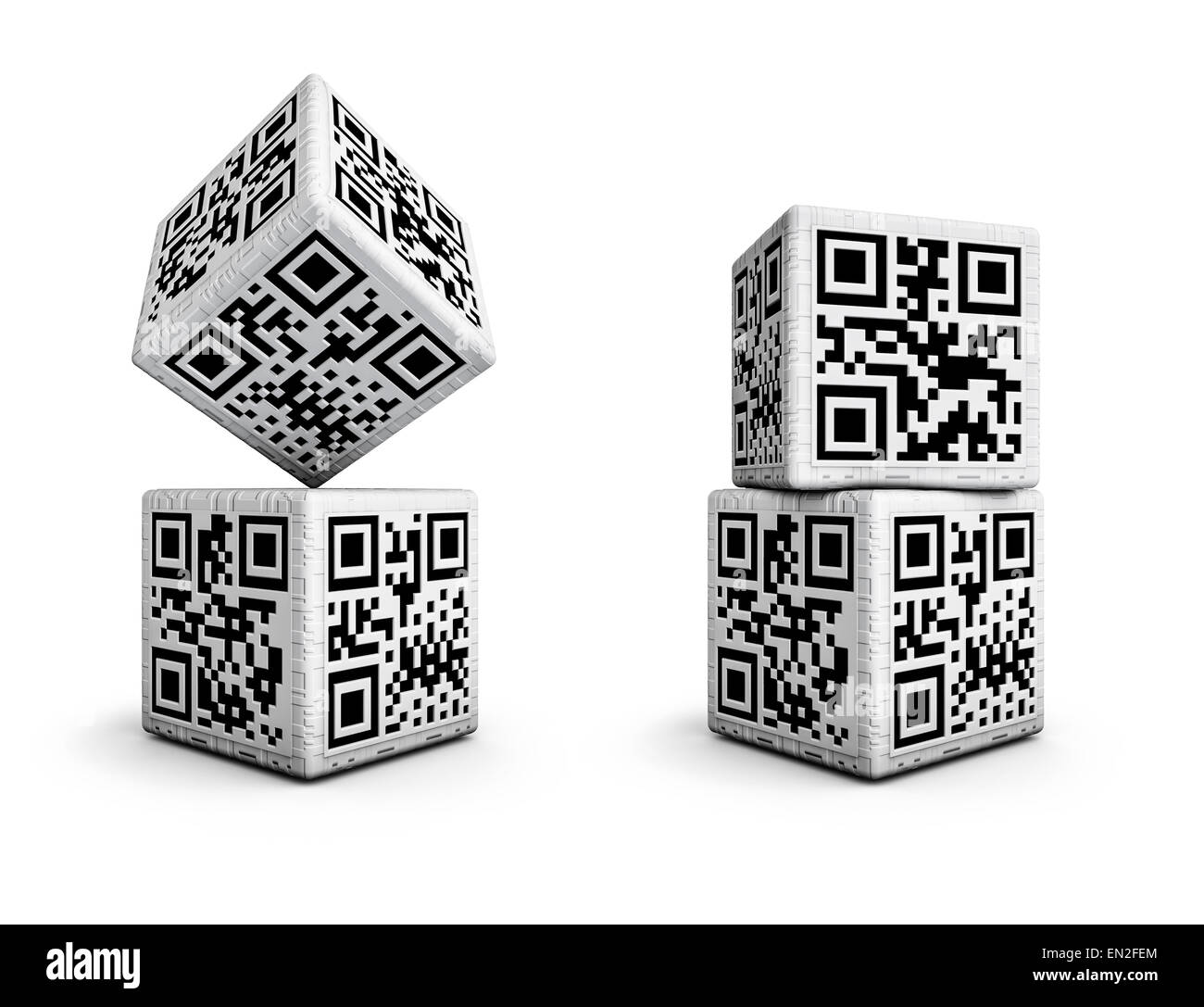 3D render of dice with qr codes for numbers 1 through 6 on sides Stock Photo