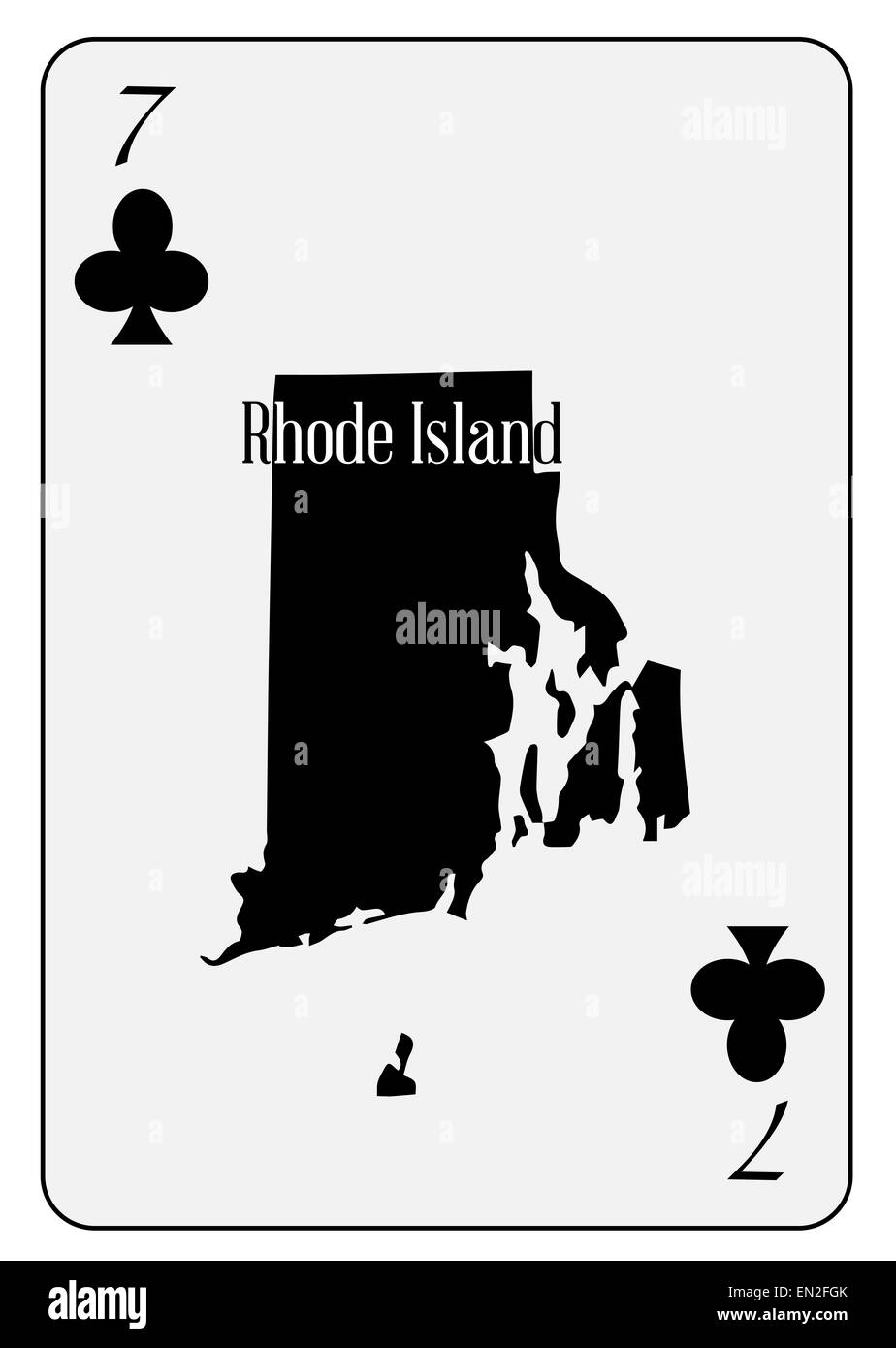 Outline map of Rhode Island and used as the 7 of Clubs motif in a playing card Stock Photo