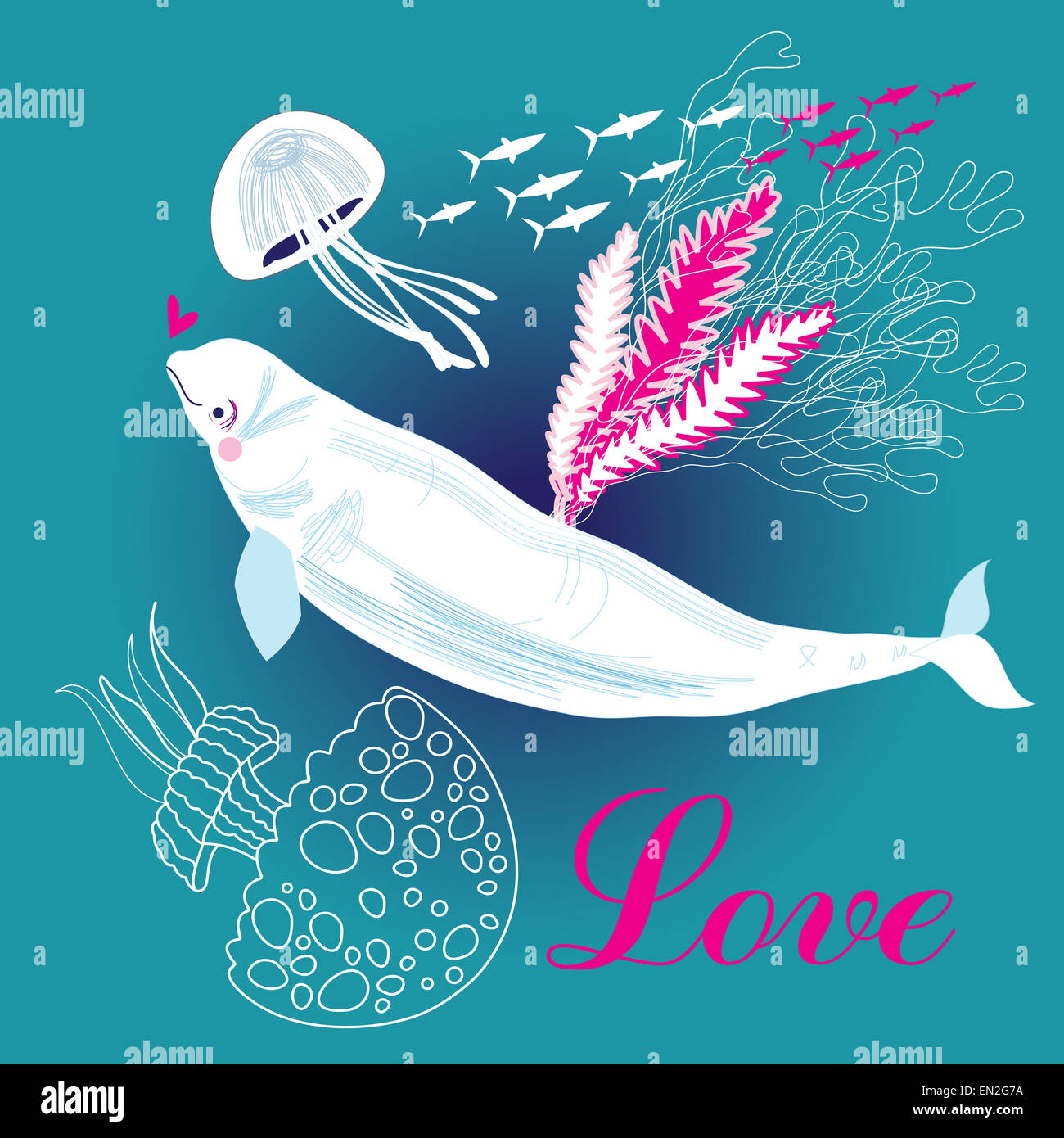 funny white whale in love on a blue background Stock Photo