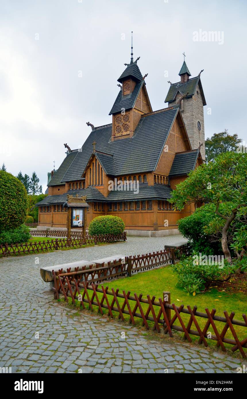 Temple Wang in Karpacz. Norwegian stave church which was transferred to Karpacz town in Karkonosze mountains, Poland. Stock Photo