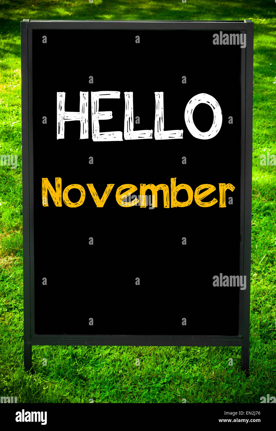 hello-november-message-on-sidewalk-blackboard-sign-against-green-grass