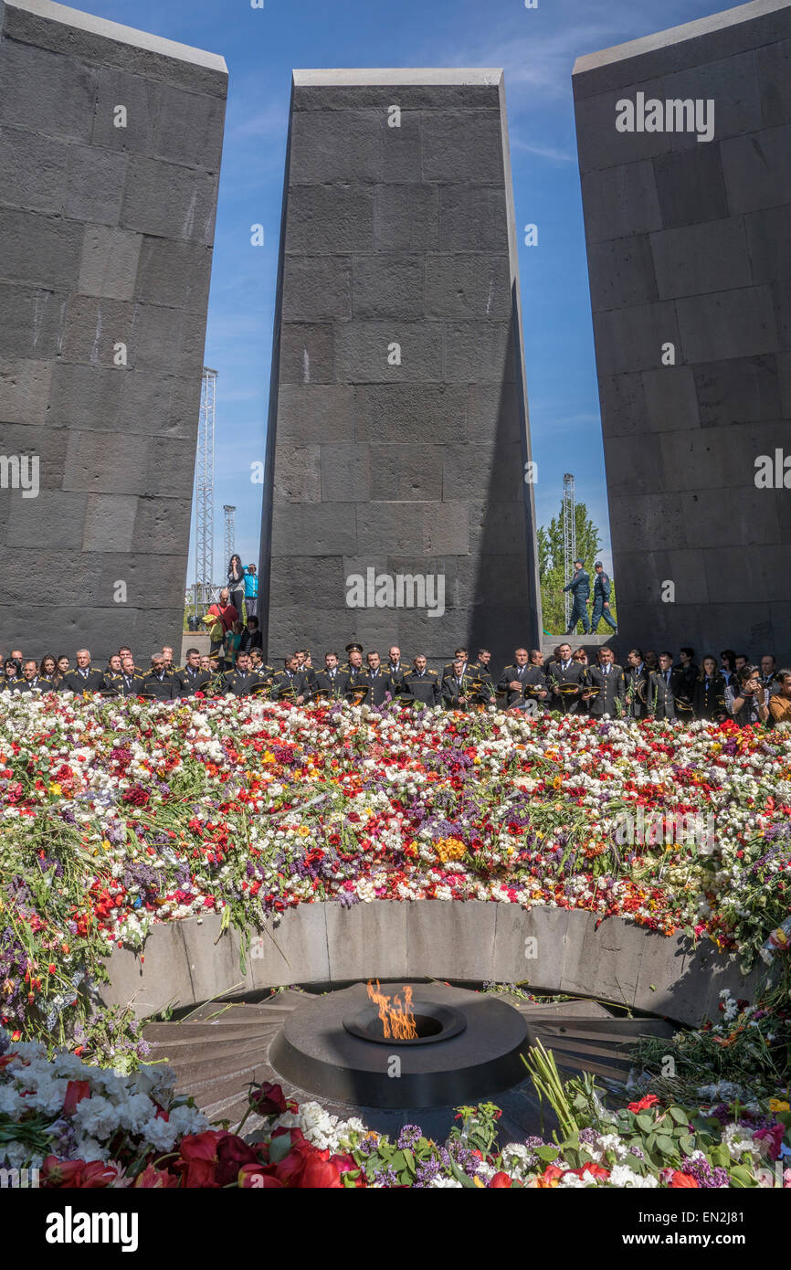 Yerevan, Armenia. 25th Apr, 2015. Commemoration at 100th anniversary of the Armenian genocide at the Armenian Genocide Memoral in Yerevan on April 25. Credit:  Dennis Cox/Alamy Live News Stock Photo