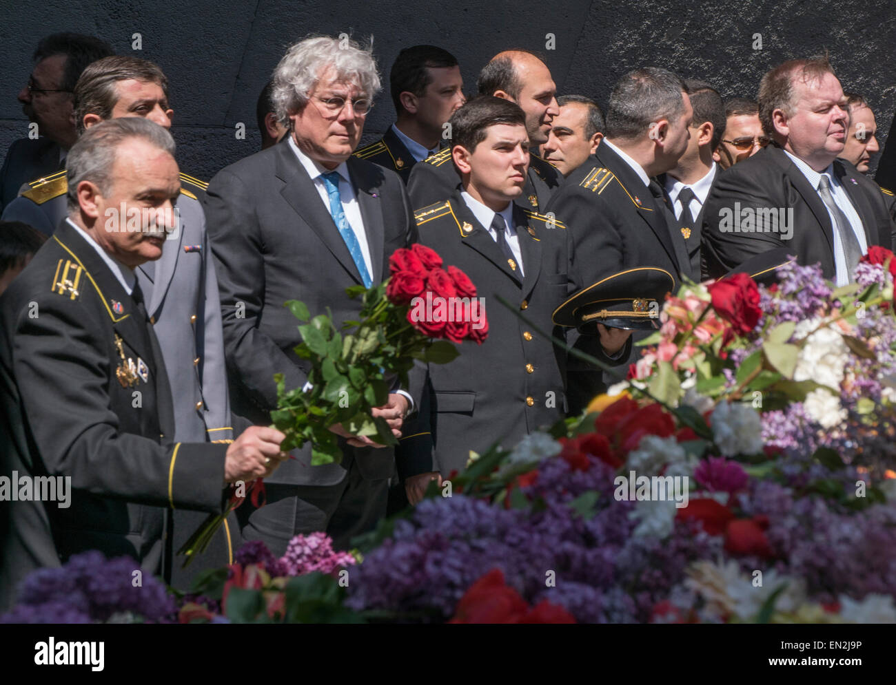 Yerevan, Armenia. 25th Apr, 2015. European Union delegates and Armenian military at commemoration at 100th anniversary of the Armenian genocide at the Armenian Genocide Memorial in Yerevan on April 25, 2015. Credit:  Dennis Cox/Alamy Live News Stock Photo