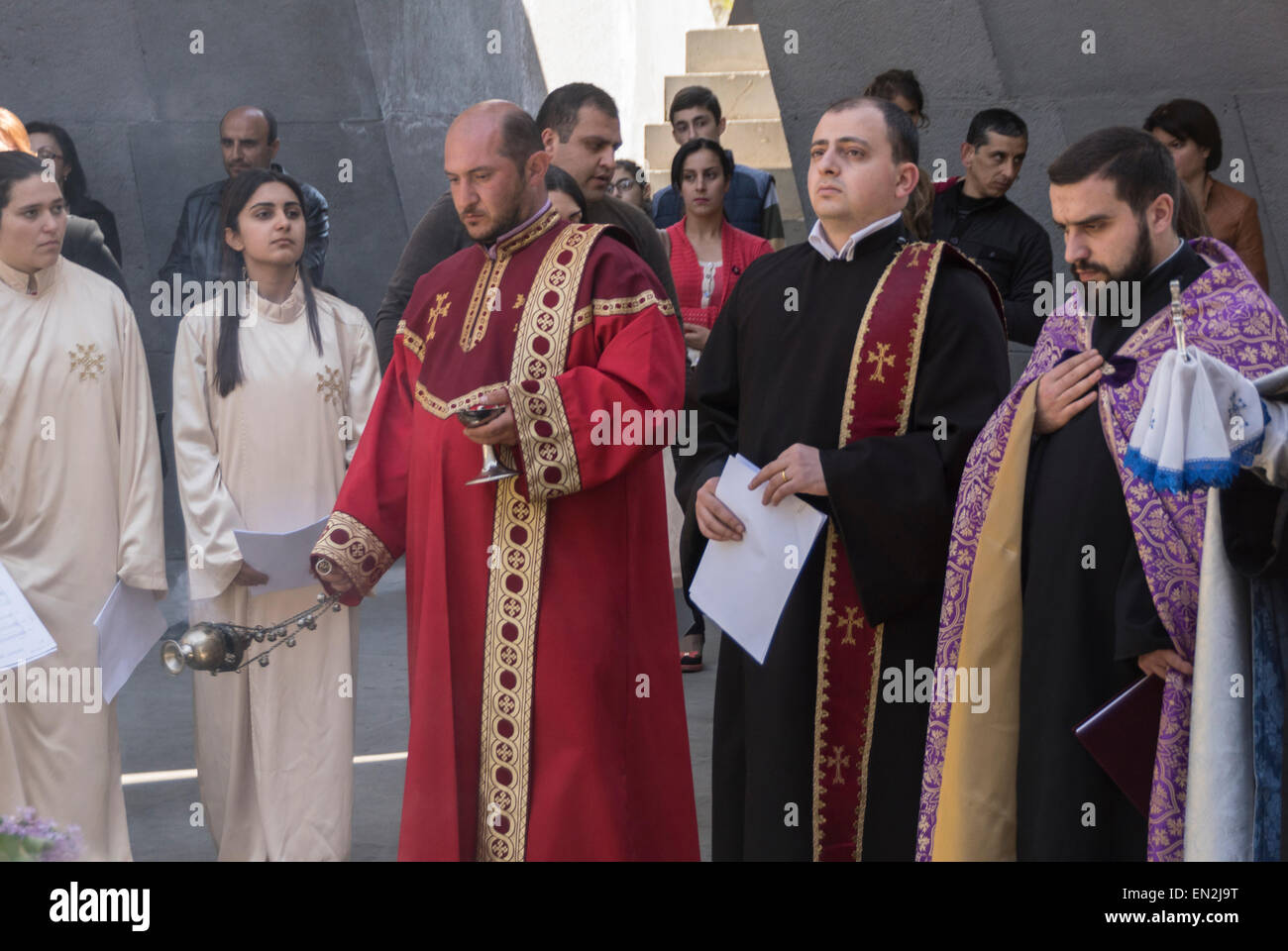 Yerevan, Armenia. 25th Apr, 2015. Clergy leading commemoration at 100th anniversary of the Armenian genocide at the Armenian Genocide Memorial in Yerevan on April 25, 2015. Credit:  Dennis Cox/Alamy Live News Stock Photo