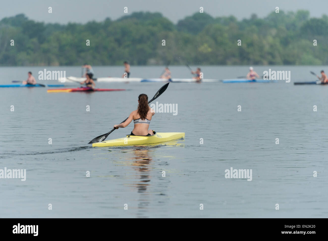 Teenagers kayaking Lake Griffin in Leesburg, Florida USA Stock Photo