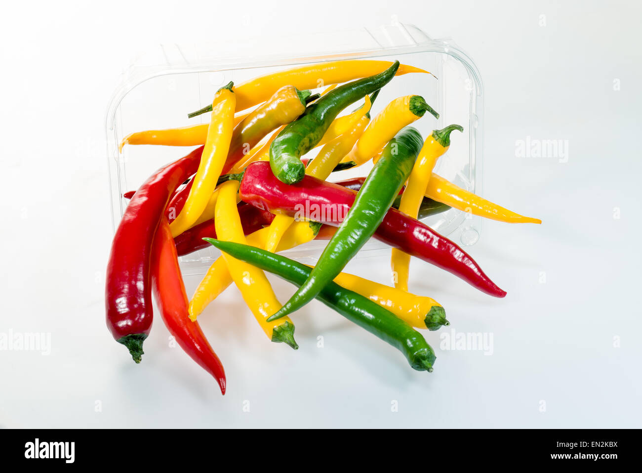 Pepperoni peppers chili wrapped selling pack in plastic hygienic problematic environmental pollution convenient to handle, cost- Stock Photo