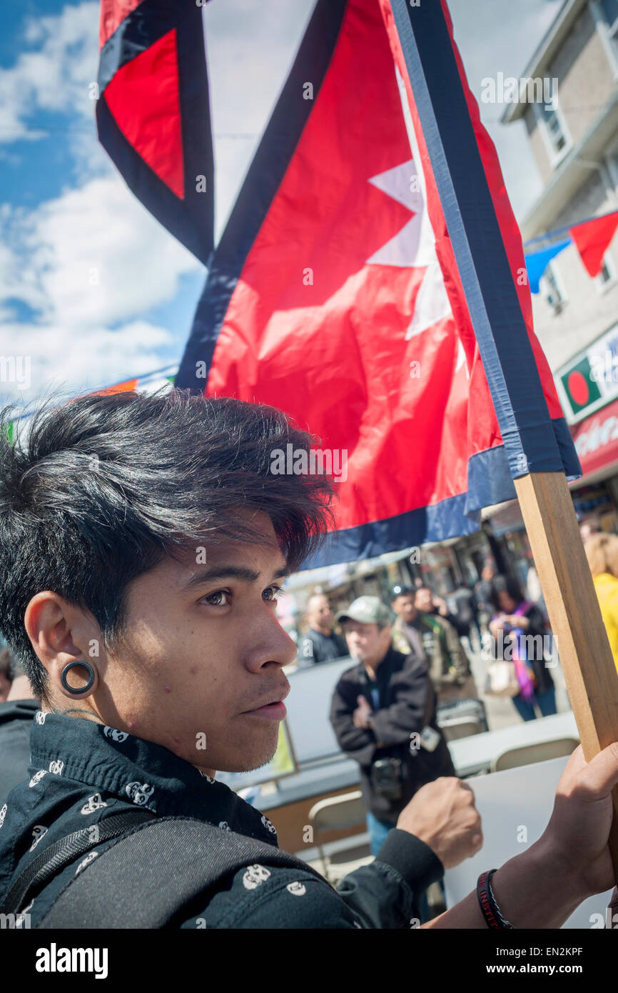 Jackson Heights, New York, USA. 26th Apr, 2015. Members of the Nepalese