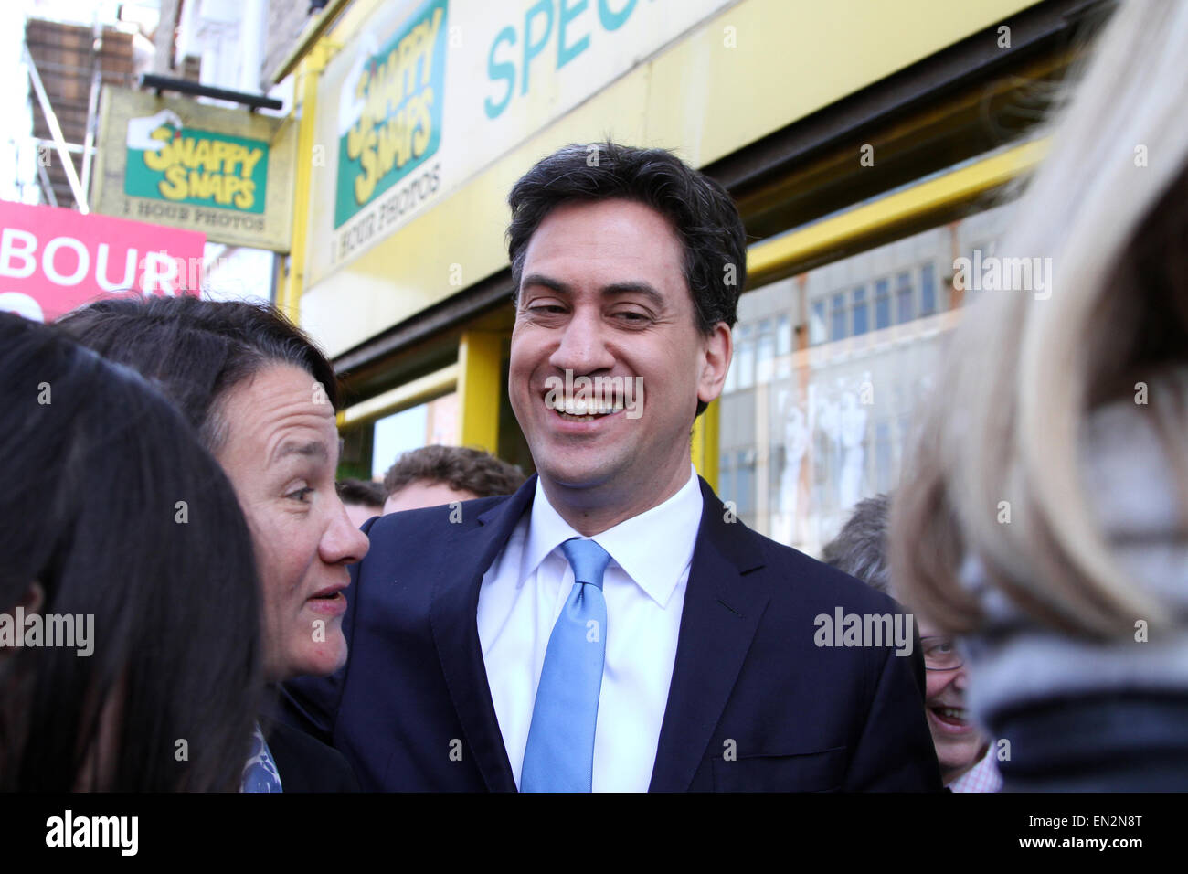 Labour Party leader Ed Miliband walks through the crowd during a visit to Crouch End, north London, UK. Stock Photo