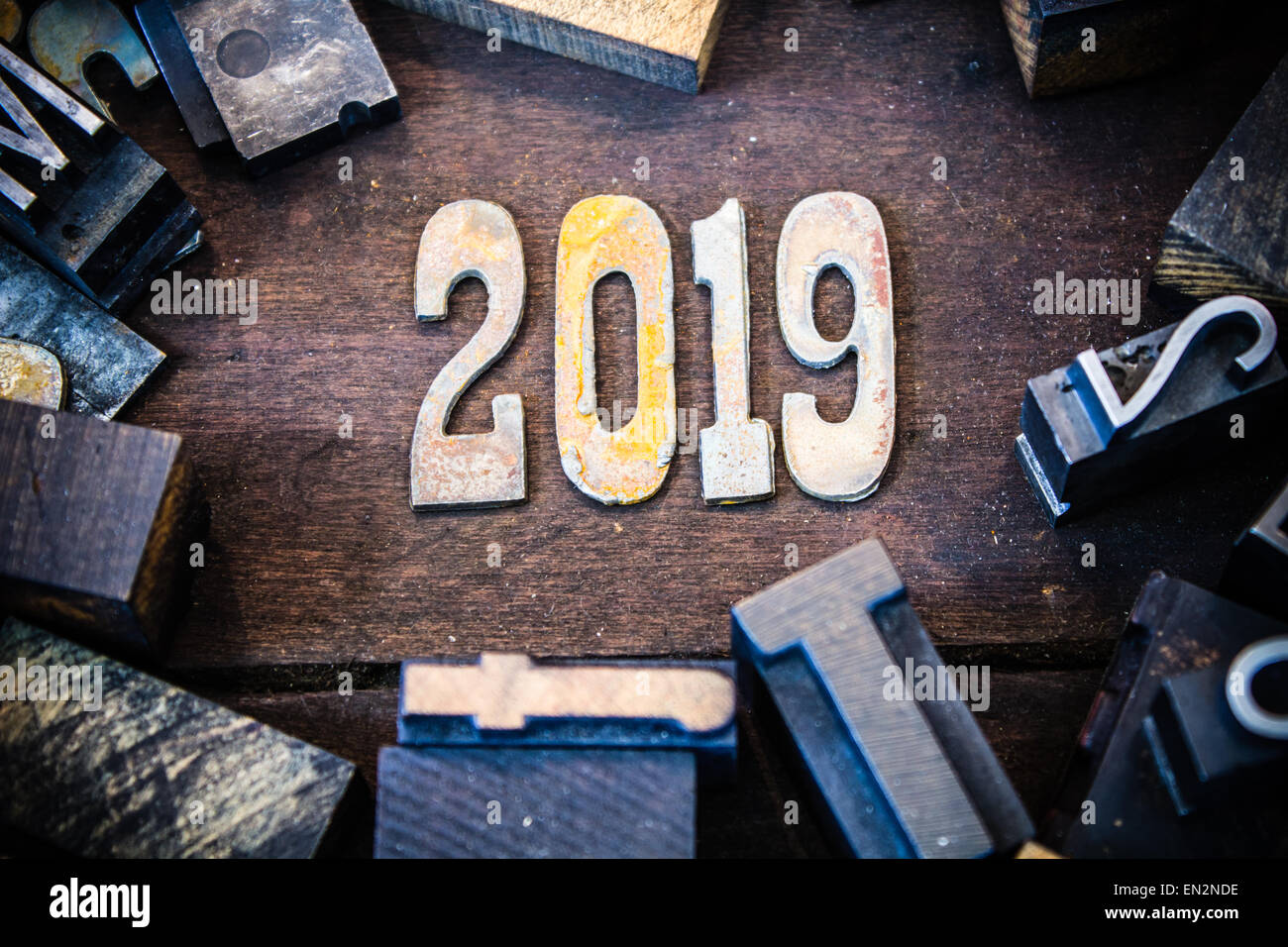 The year 2019 written in rusted metal letters surrounded by vintage ...
