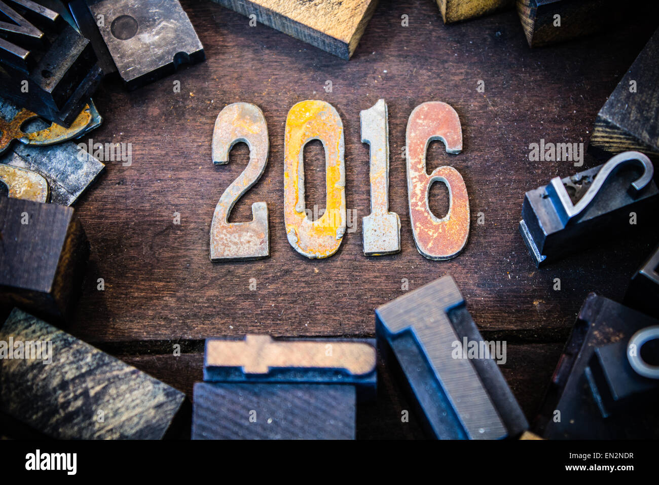 The year 2016 written in rusted metal letters surrounded by vintage ...