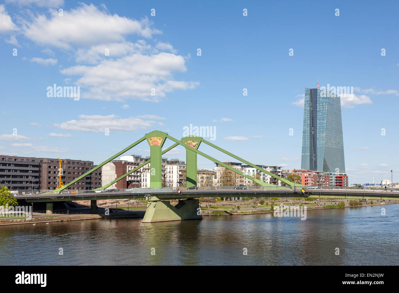 Floesser bridge over river Main and the new European Central Bank (ECB) in Frankfurt Main, Germany Stock Photo