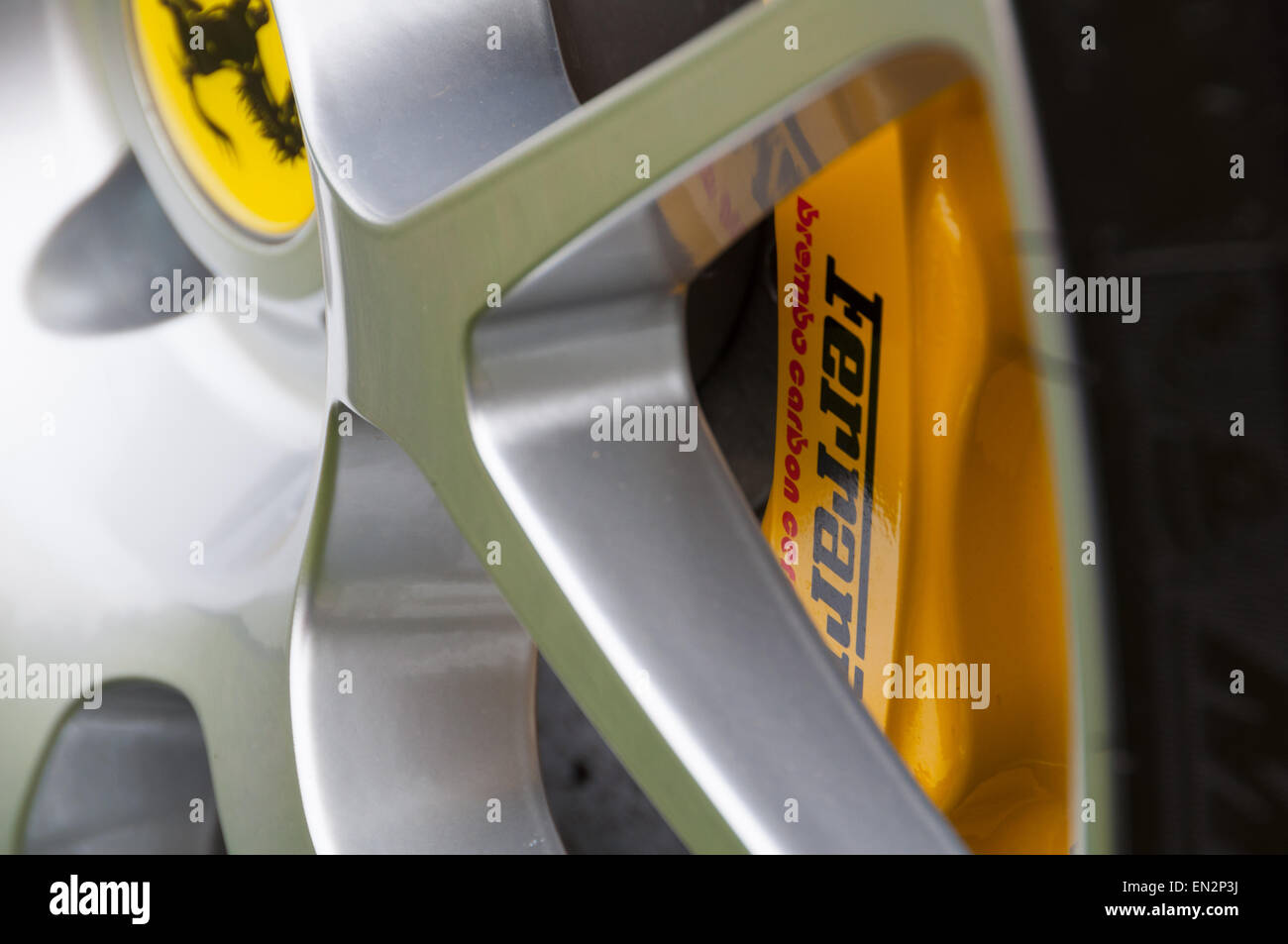 Detail Of Ferrari Wheel Rim And Yellow Brake Pad Stock Photo