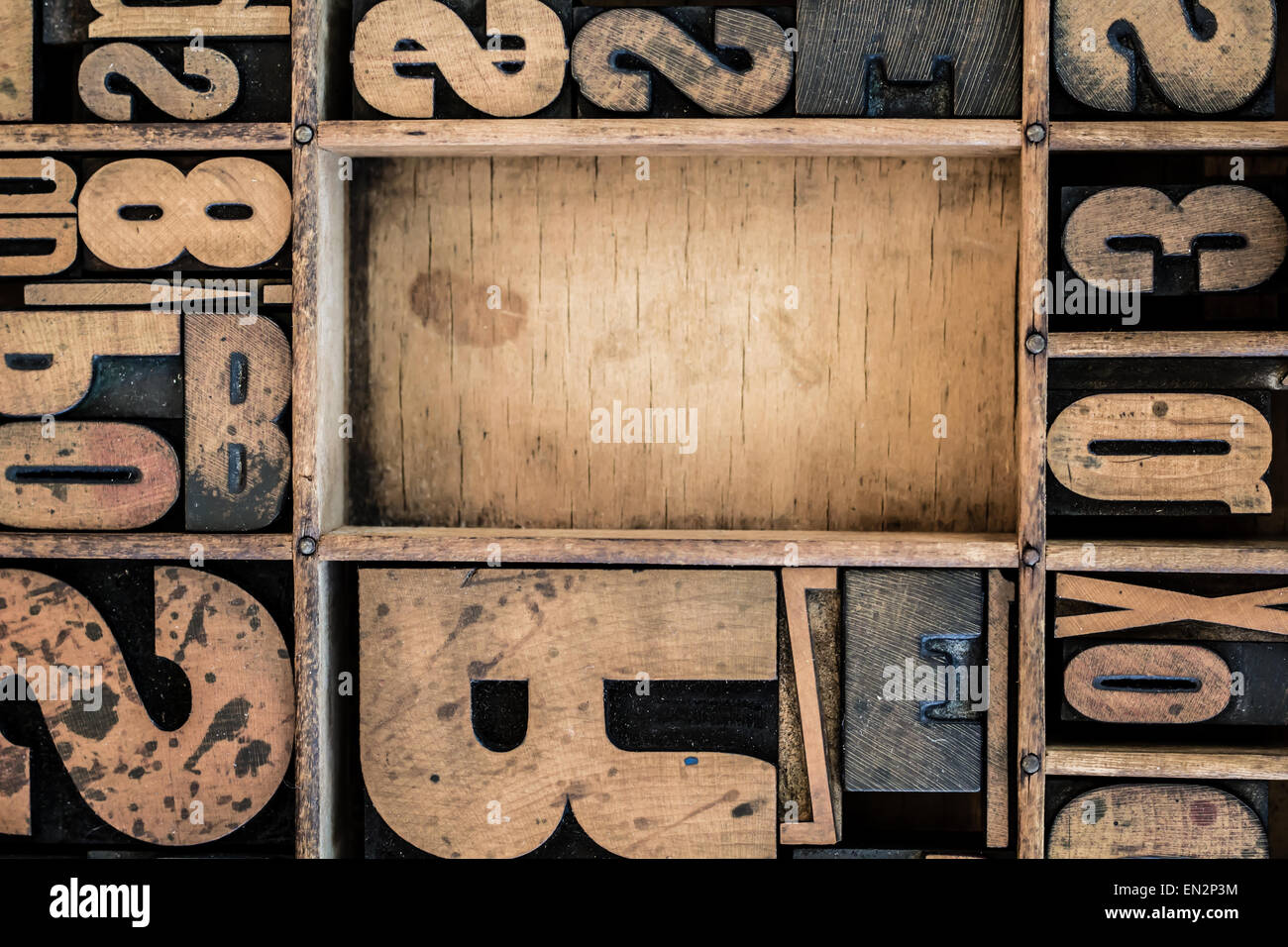 Vintage letterpress type in drawer with copy space. Stock Photo