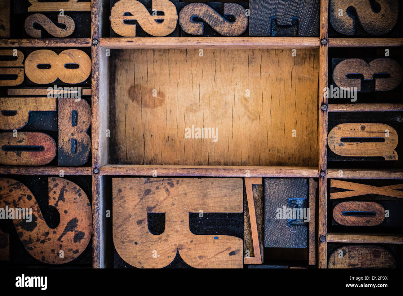 Vintage letterpress type in drawer with copy space. Stock Photo
