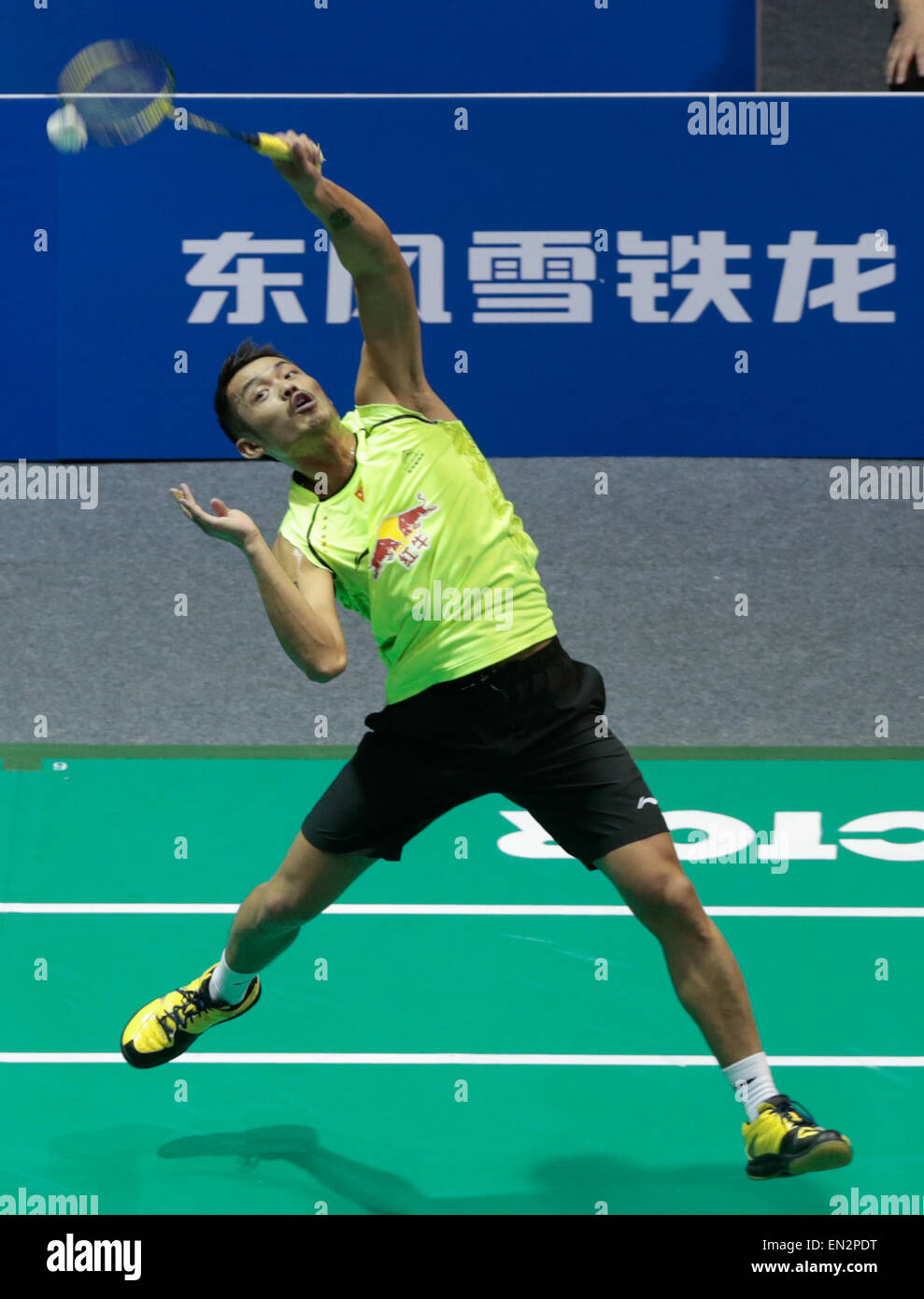 Dong Feng Citroen Badminton Asia Championships 2015 in Wuhan, China on April 26, 2015.Lin Dan of China returns to Tian Houwei of China during their men's singles final match. Stock Photo