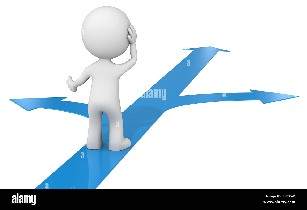The dude 3D character choosing between 3 blue ways Stock Photo - Alamy