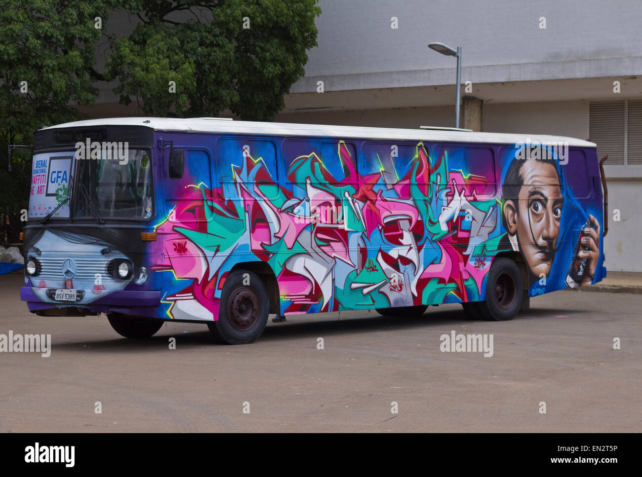 SAO PAULO, BRAZIL - FEBRUARY 01, 2015: A bus painted with grafiti art design exposed in the Ibirapuera Park at Sao Paulo Brazil. Stock Photo