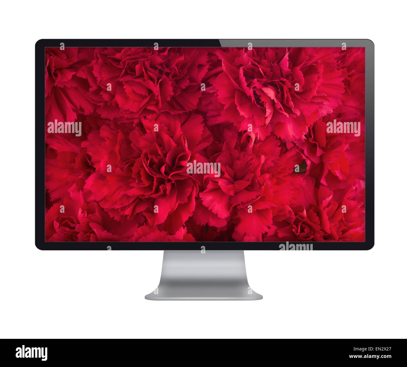 Computer display with bouquet of red carnation flowers on screen. Front ...