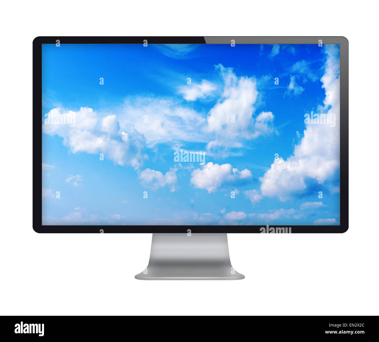 Aerial View Computer Screen Computer display with blue sky and beautiful clouds on screen. Front ...