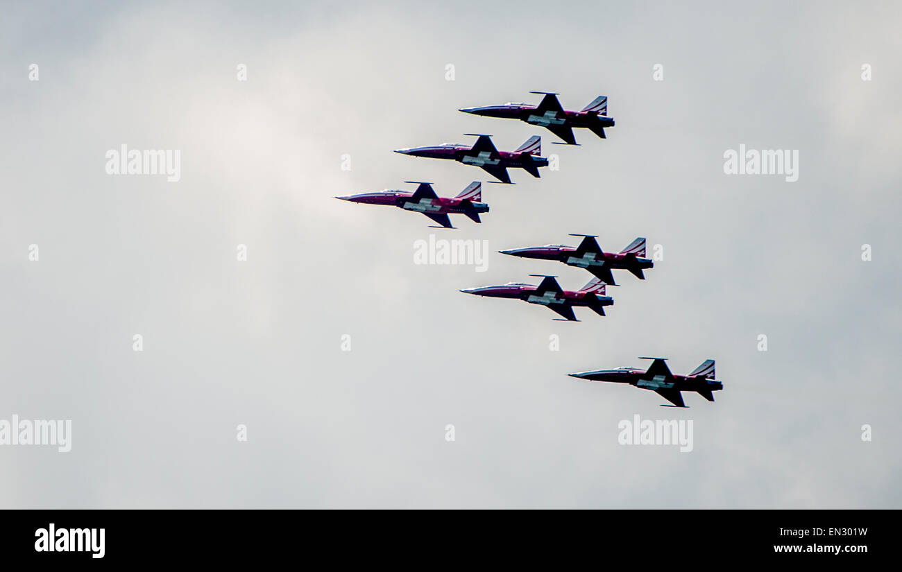Aerobatic formation flying. Swiss Air Force F-5E Tiger II. Stock Photo