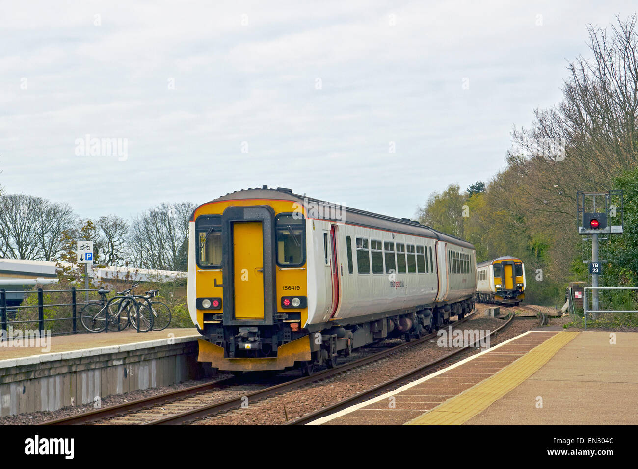 Abellio Greater Anglia Class 156 Super Sprinter diesel multiple-unit train (DMU) at North Walsham on branch line to Cromer. Stock Photo