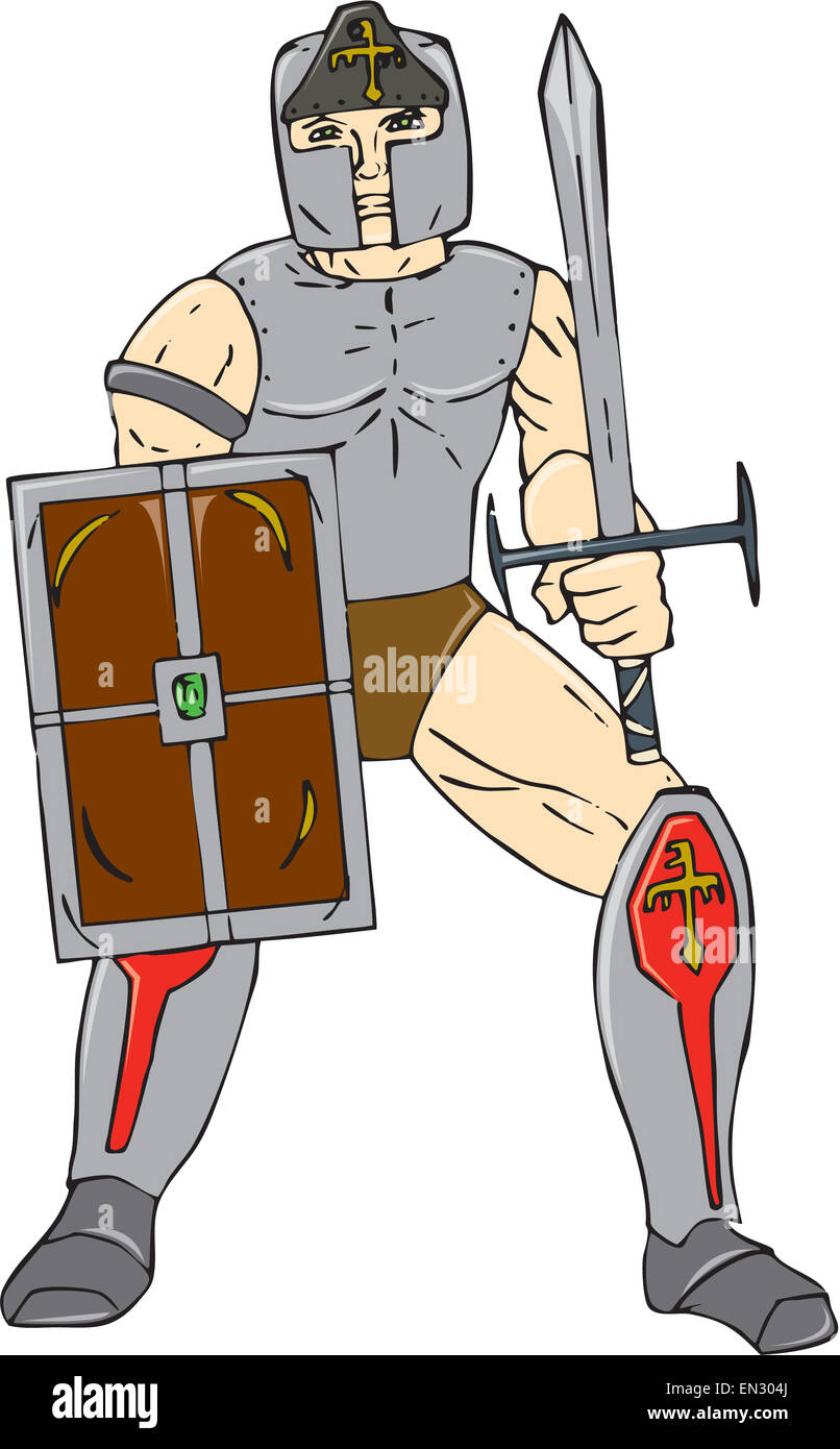 Cartoon style illustration of a knight with shield wielding a sword viewed from front on isolated background. Stock Photo