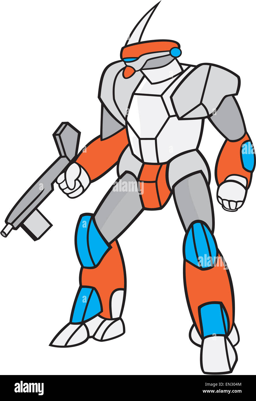 Cartoon style illustration of a mecha robot holding gun viewed from front in an isolated background. Stock Photo