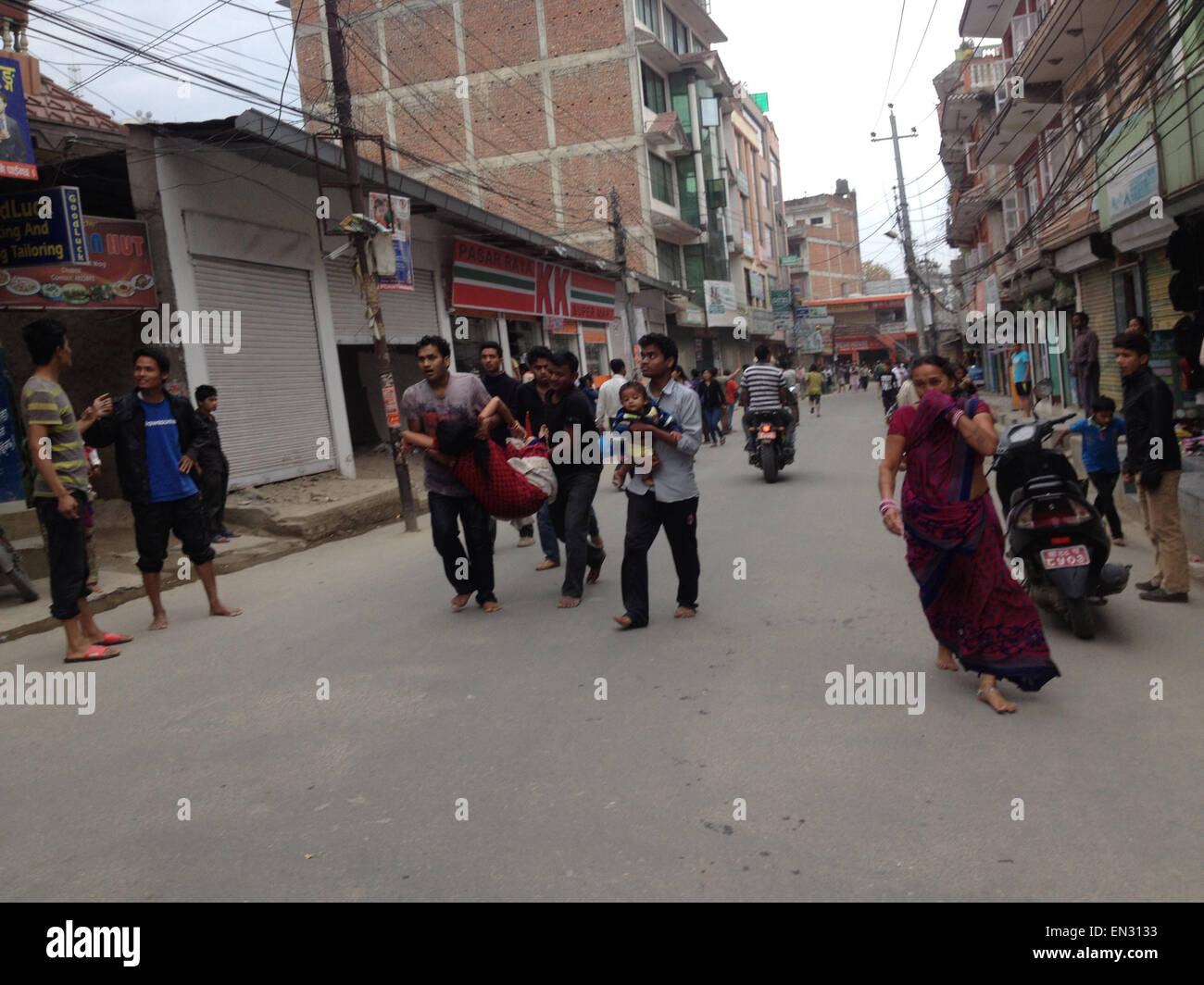 Earthquake Kathmandu Nepal Casualty being rescued Stock Photo