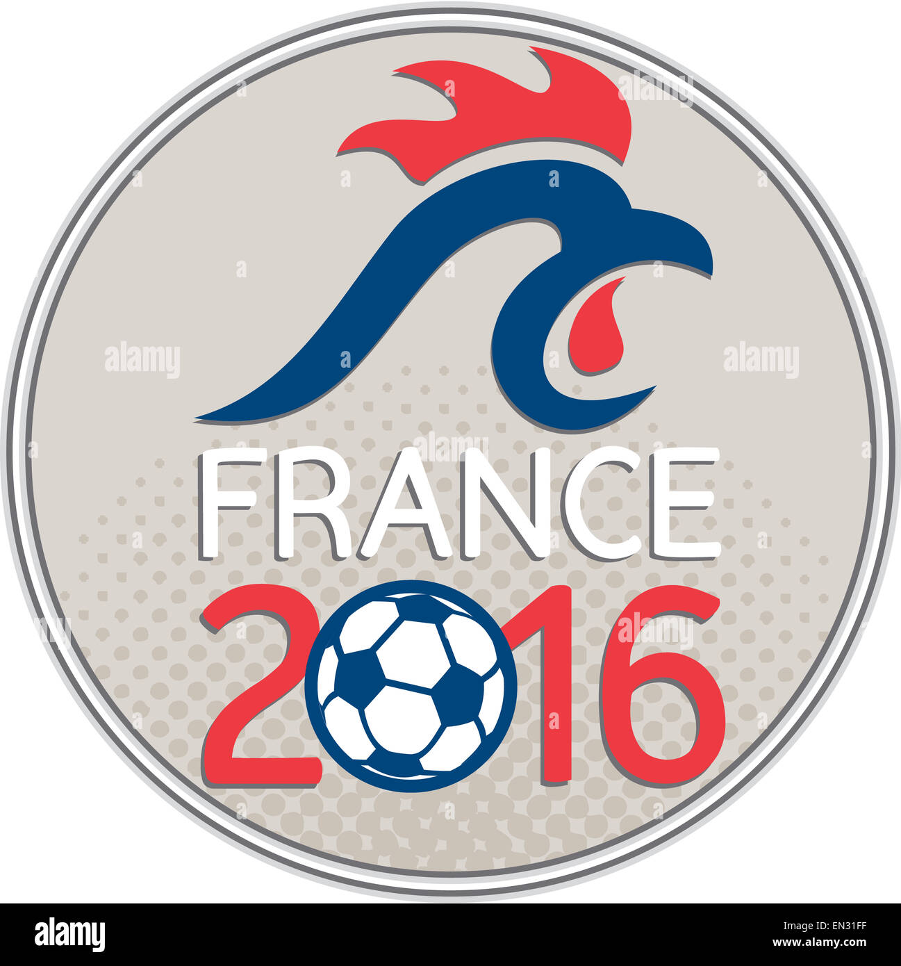 Illustration of a French rooster cockerel and soccer football ball set inside circle with half-tone dots with words France 2016 Stock Photo