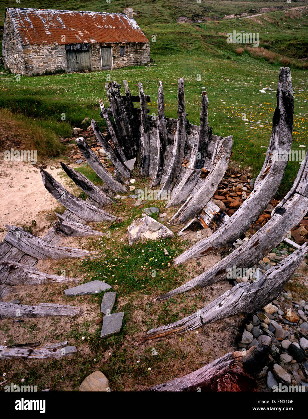 The wreck of an old fishing boat aground at Talmine Bay, Talmine, Kyle of Tongue, Sutherland, Scotland, UK. Stock Photo