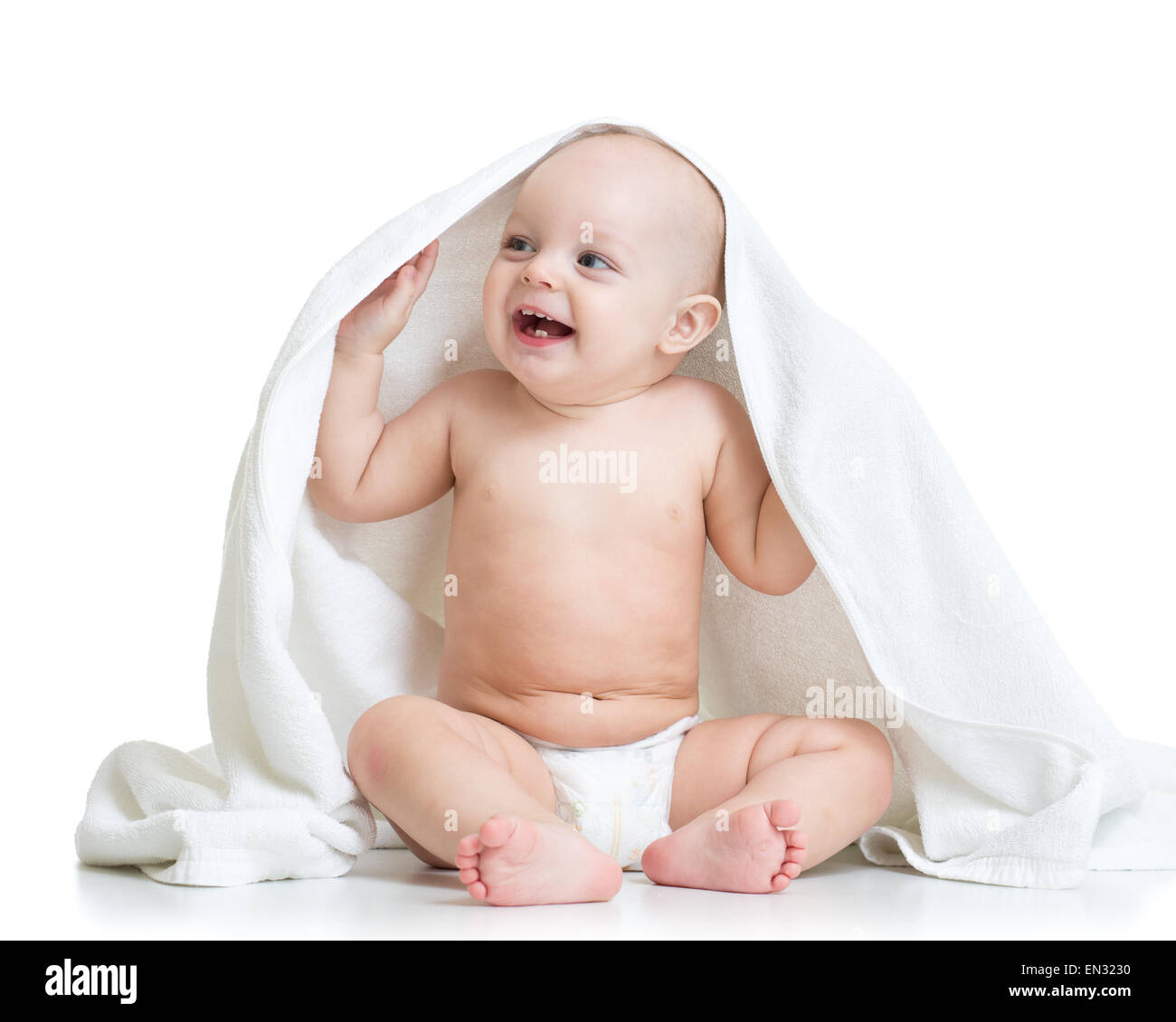 Adorable happy baby boy in towel isolated Stock Photo Alamy