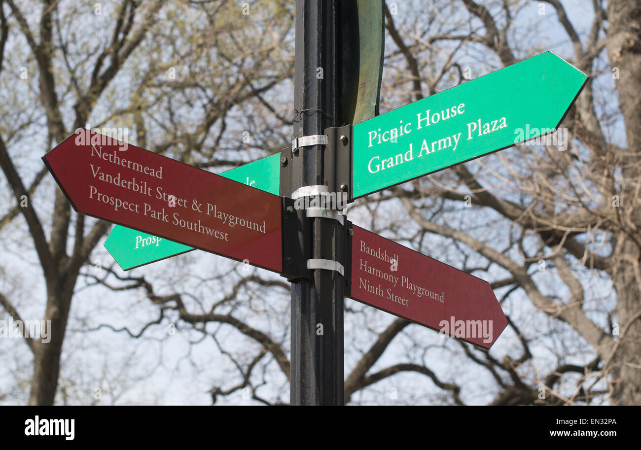 Direction signpost in Prospect Park, Brooklyn, NYC, USA Stock Photo