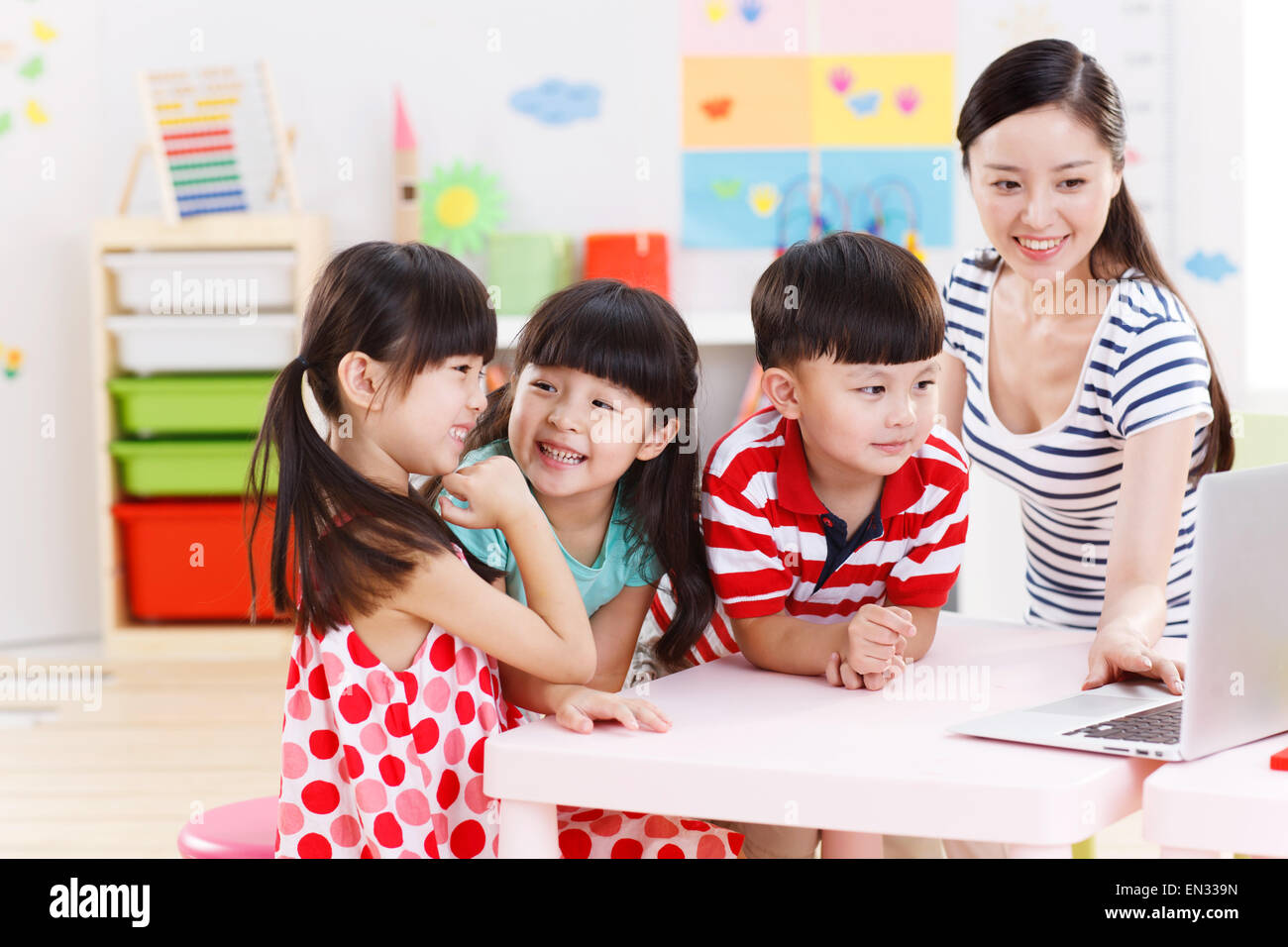 The teacher and children to use the computer in the kindergarten Stock ...