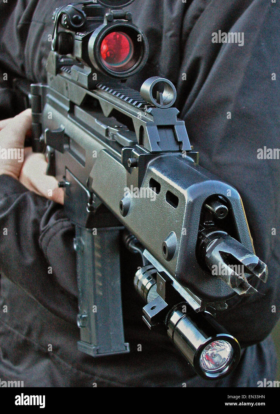 A Heckler & Koch  G36 C (5.56mm x 45 NATO calibre  gas operated assault rifle) favoured by British law enforcement (Police). It has the dimensions of a submachine gun combined with the penetration capability of the 5.56 NATO calibre. Stock Photo