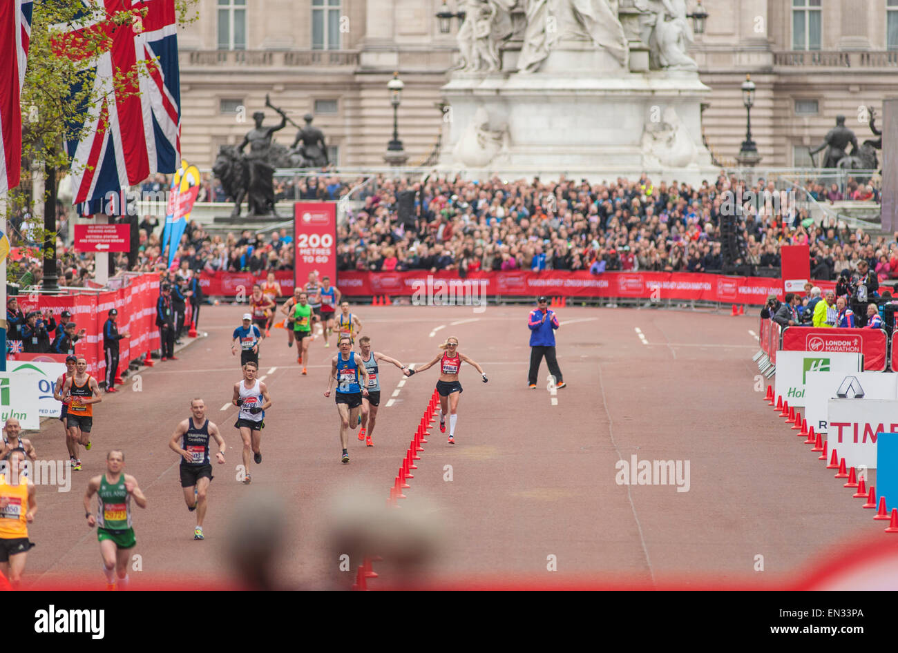 Paula Radcliffe on The Mall as she finishes the Virgin Money London Marathon 2015 Stock Photo