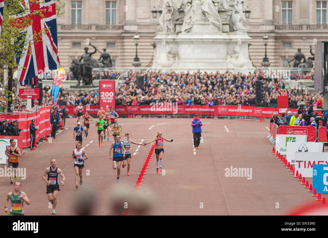 Paula Radcliffe on The Mall as she finishes the Virgin Money London Marathon 2015 Stock Photo
