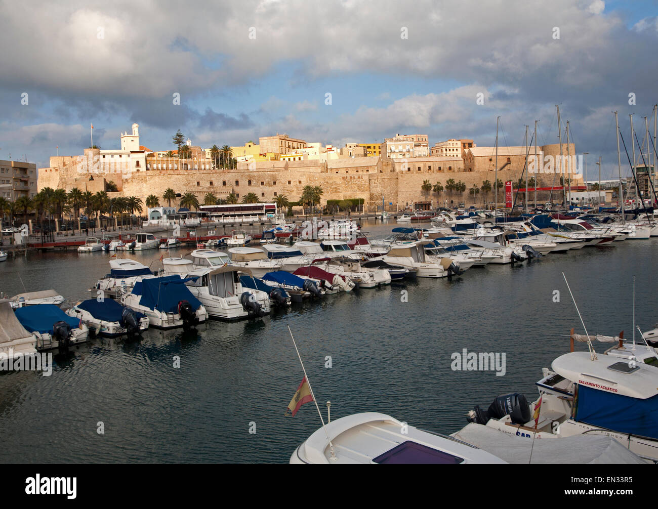 Yachts in harbour and old walled fortress Melilla la Vieja, Melilla, Spanish territory in north Africa, Spain Stock Photo