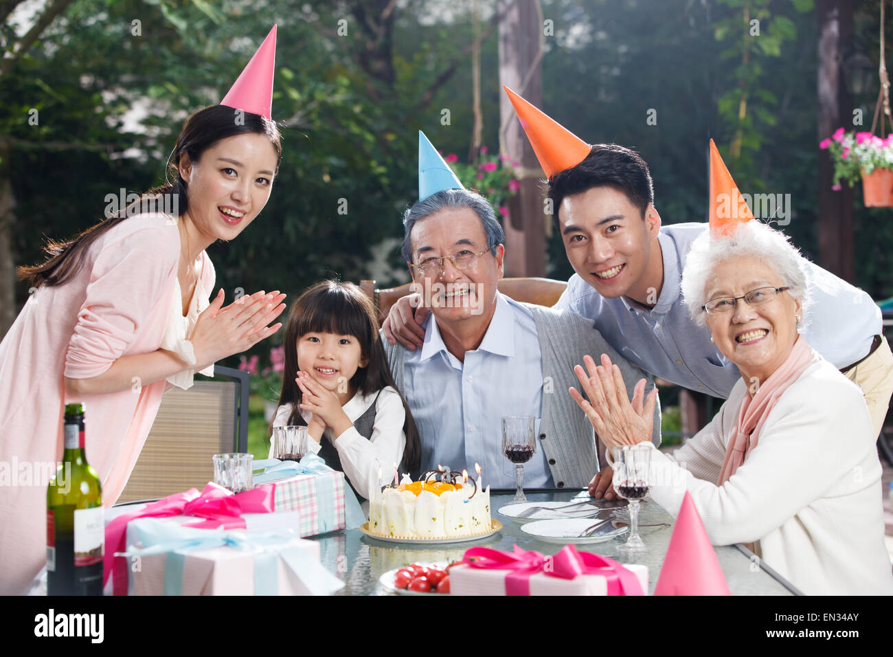 Happy family to celebrate the birthday Stock Photo