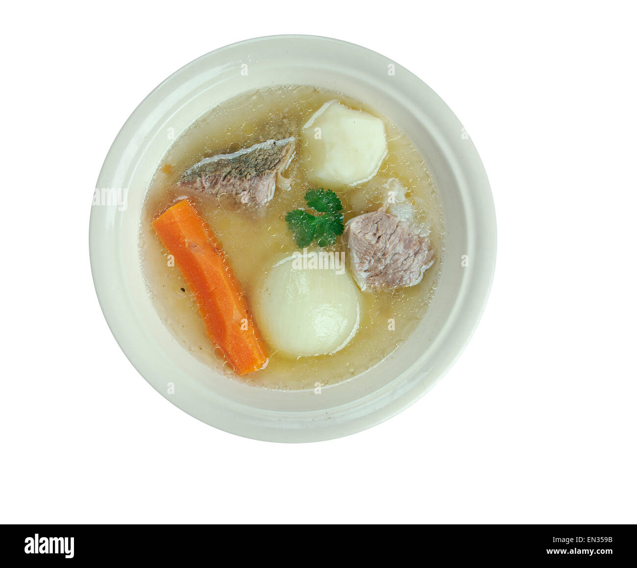 Aberaeron Broth - Welsh-language. broth which consists of bacon, beef, parsnips, cabbage, leeks, carrots Stock Photo