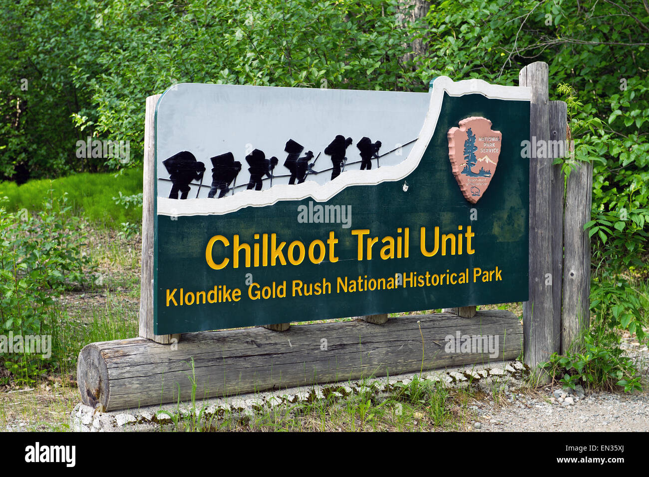 Sign at the beginning of the Chilkoot trail in Dyea, Skagway, Alaska, USA Stock Photo